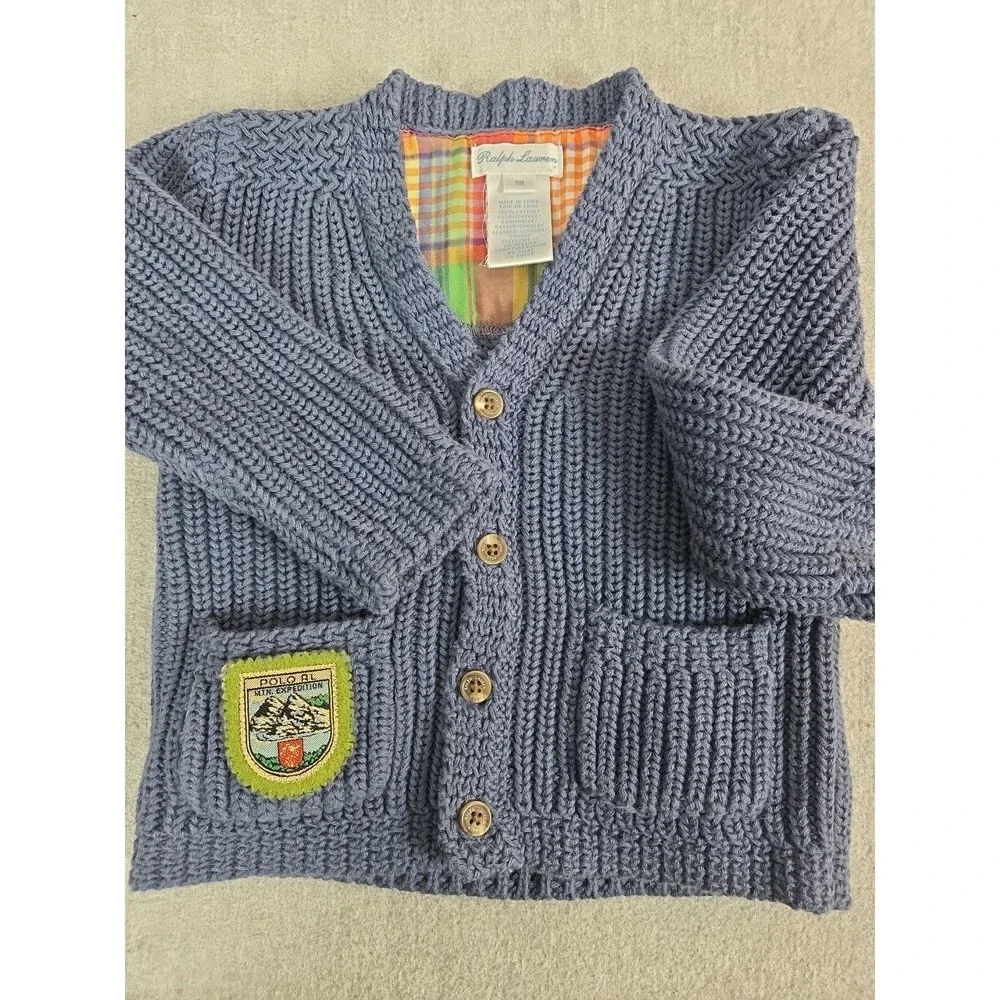 Ralph Lauren Baby Cardigan Sweater 9 Months Blue Cable Knit Expedition Patch Y2K